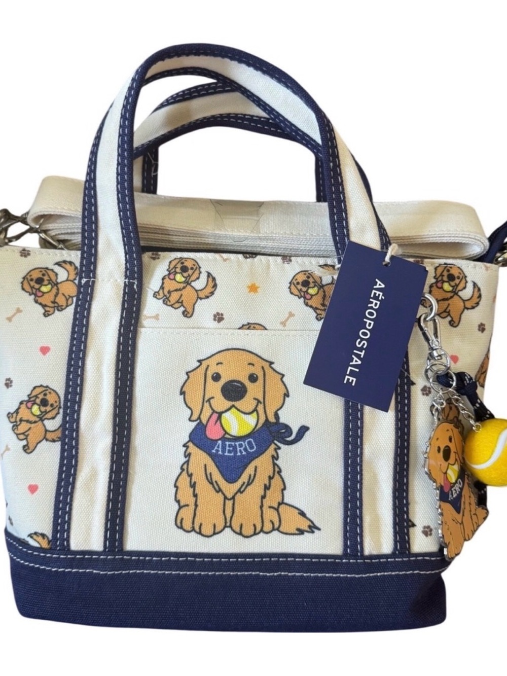 NEW ADORABLE AEROPOSTALE NAVY BLUE & WHITE GOLDEN RETRIEVER MINI TOTE PURSE